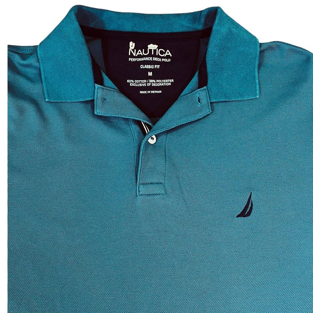 Nautica Performance Deck Polo Classic Fit Deep Teal Green Cotton Blend Shirt Med
